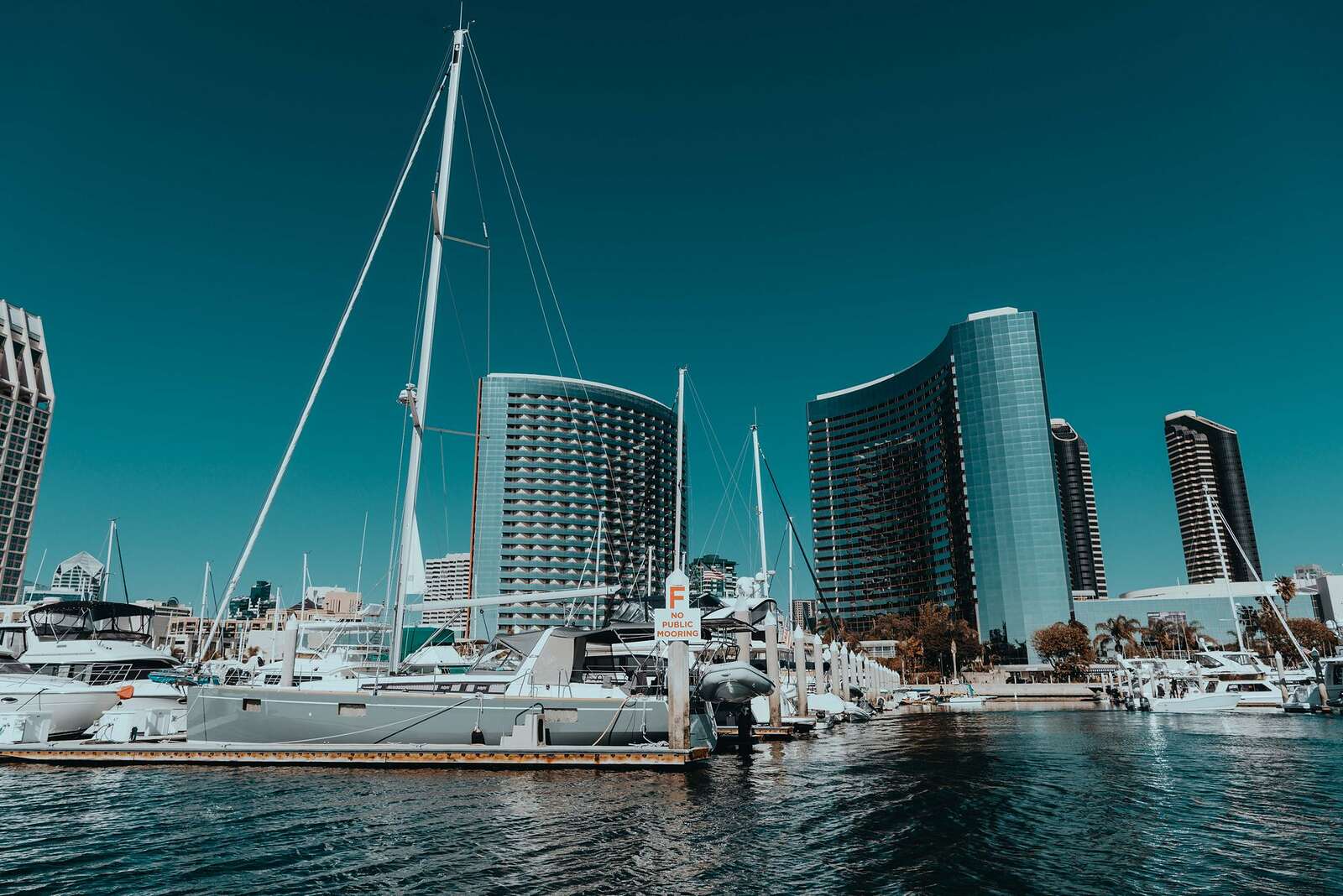 A marina full of yachts below high-rise towers on San Diego Bay