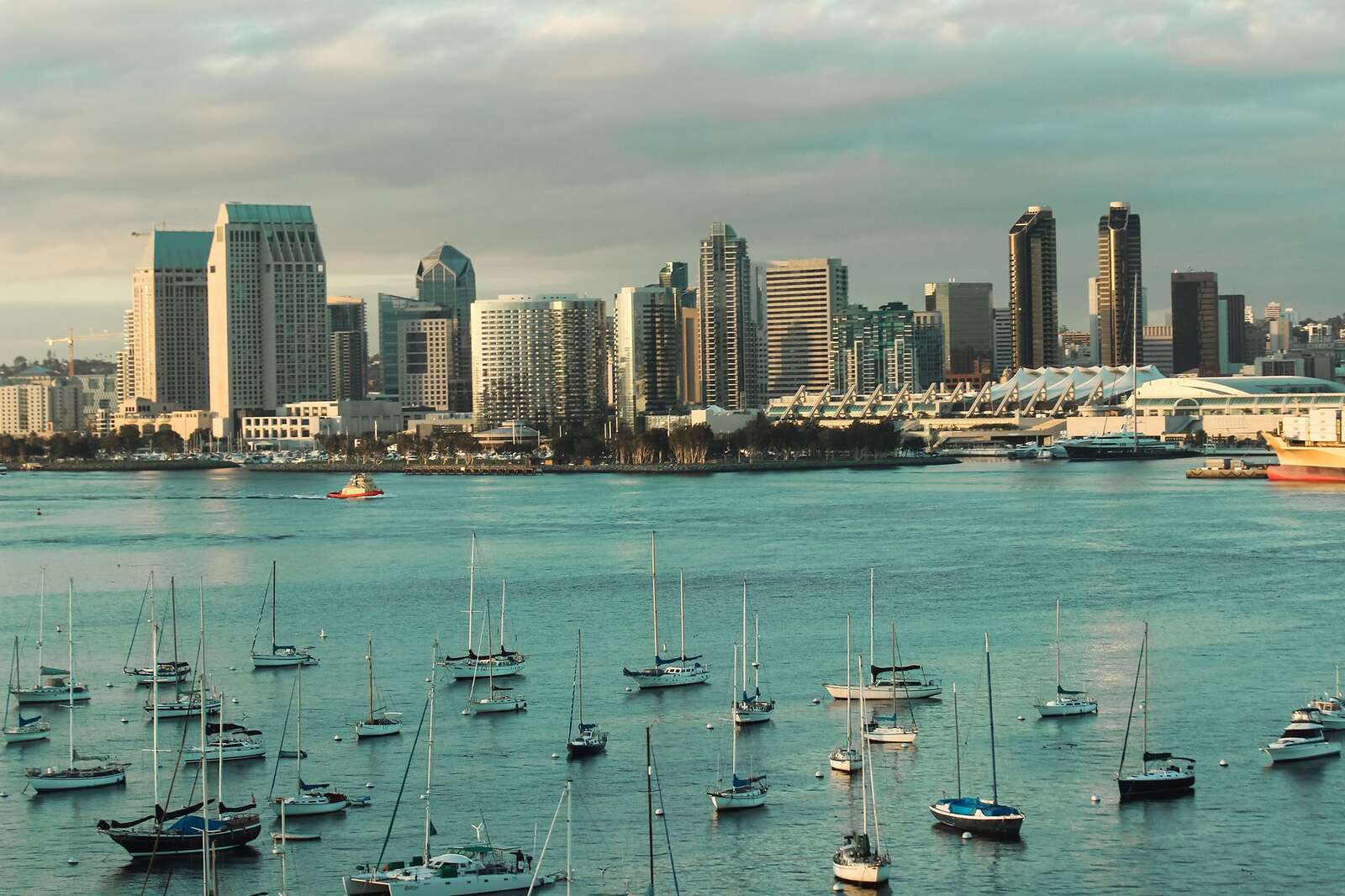 San Diego harbor with sailboats at anchor and the downtown towers behind, where the office sits on West Broadway
