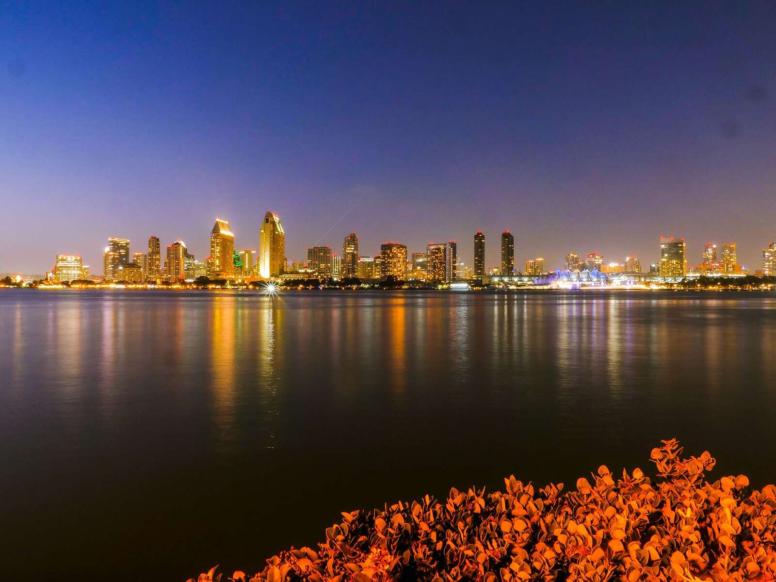 The downtown San Diego skyline reflected in the bay at night, seen from Coronado